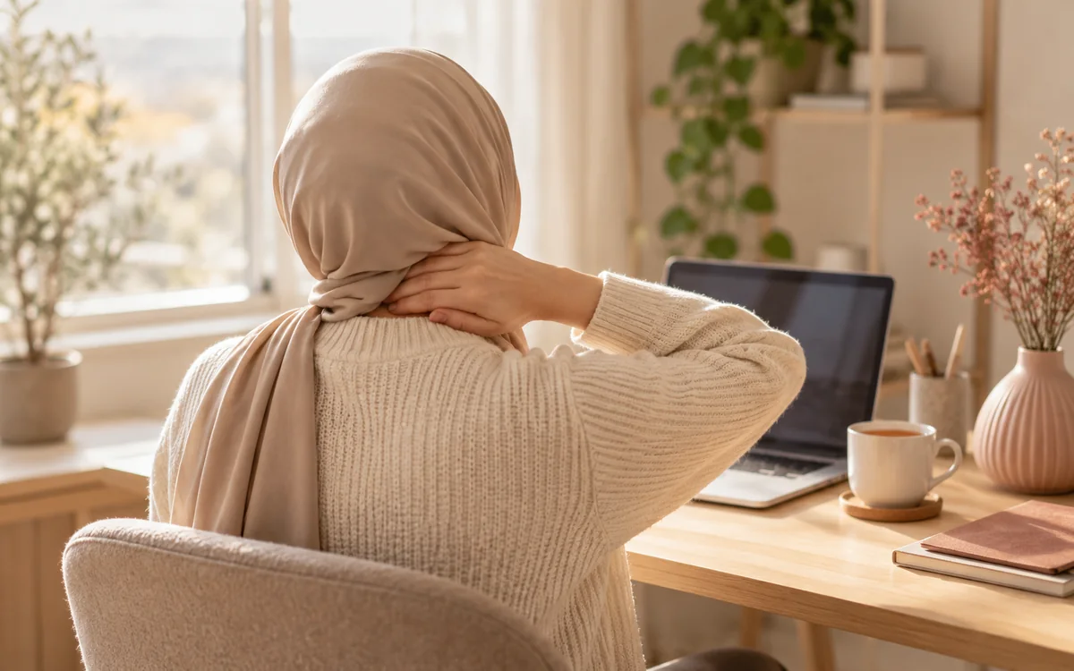 شخص قاعد على مكتب وحاطط إيده على رقبته من ورا