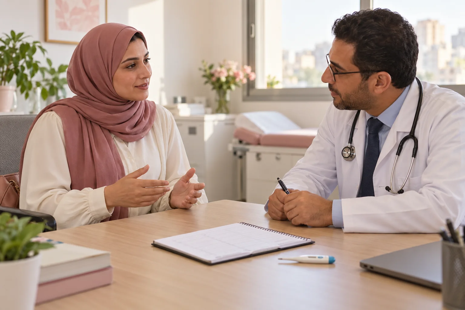 مريضة تراجع مع الدكتور مواعيد نوبات الحمى وأعراضها