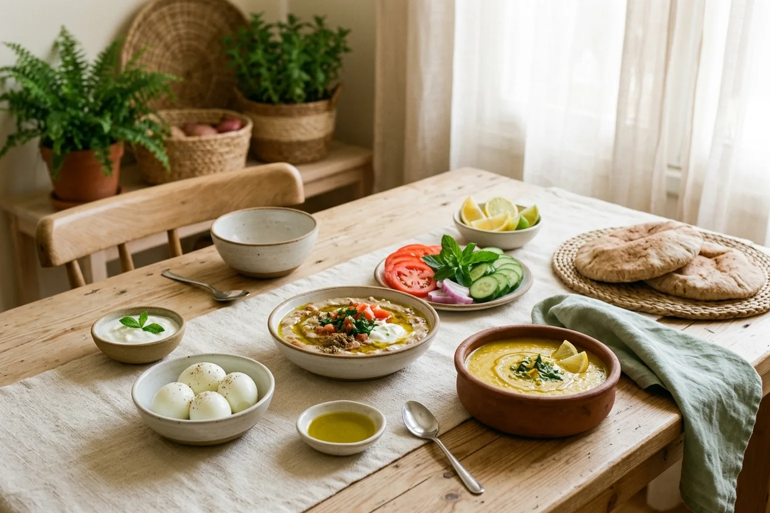 مائدة مصرية منزلية دافئة عليها طبق فول وشوربة عدس وبيض مسلوق وزبادي وسلطة وعيش بلدي