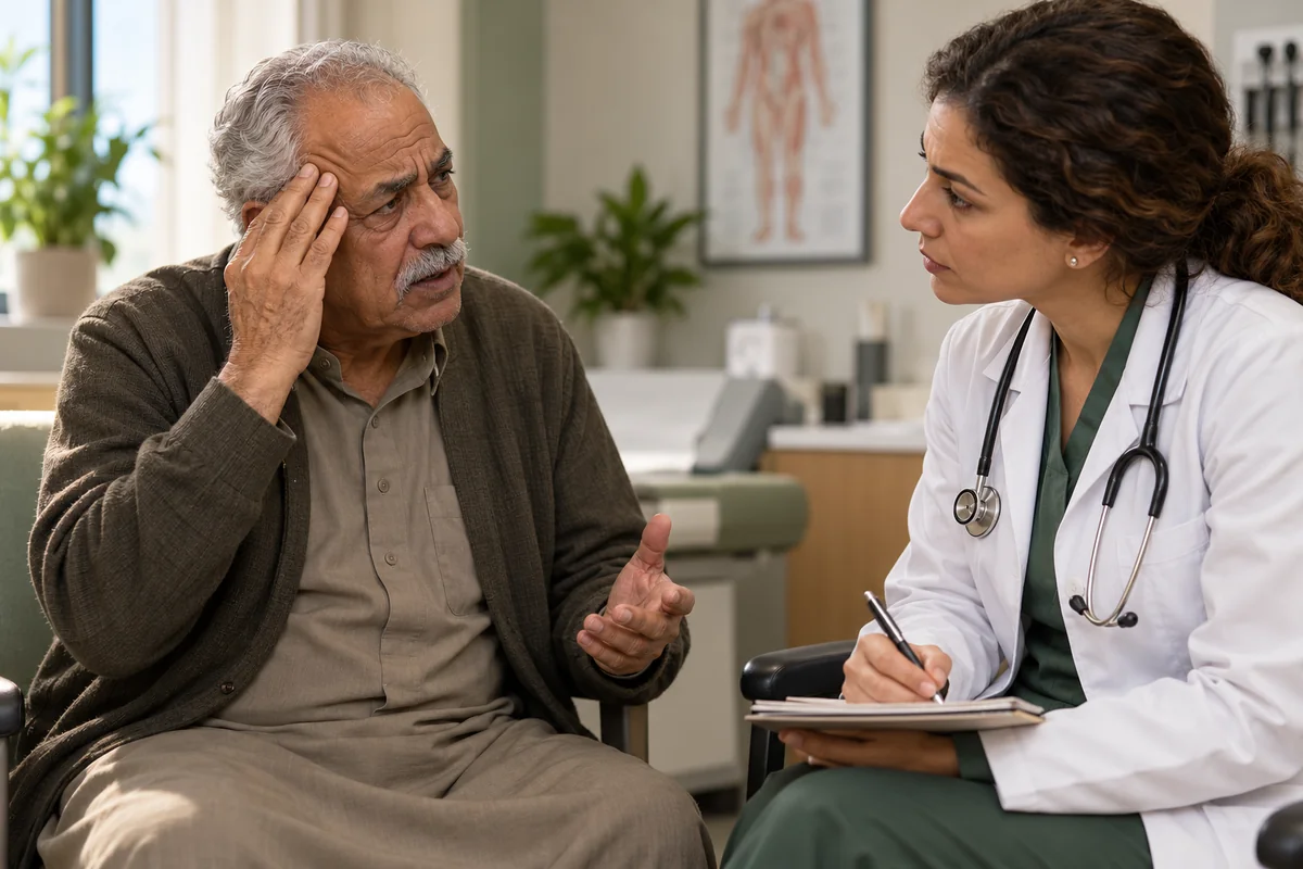 Older patient discussing a new headache and vision change with a doctor