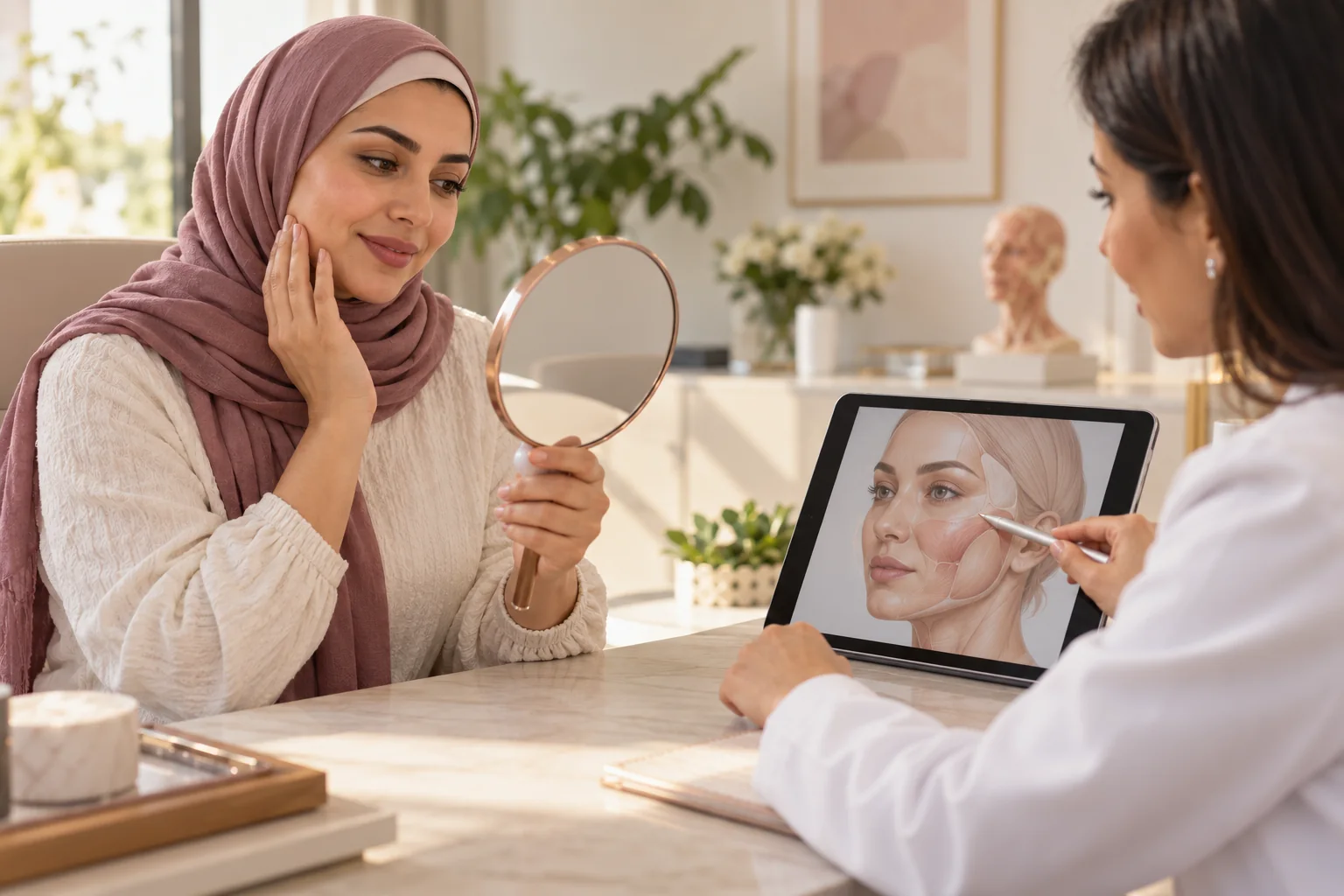 سيدة تنظر إلى وجهها في المرآة وتلاحظ تغير ملامحها بعد نزول الوزن