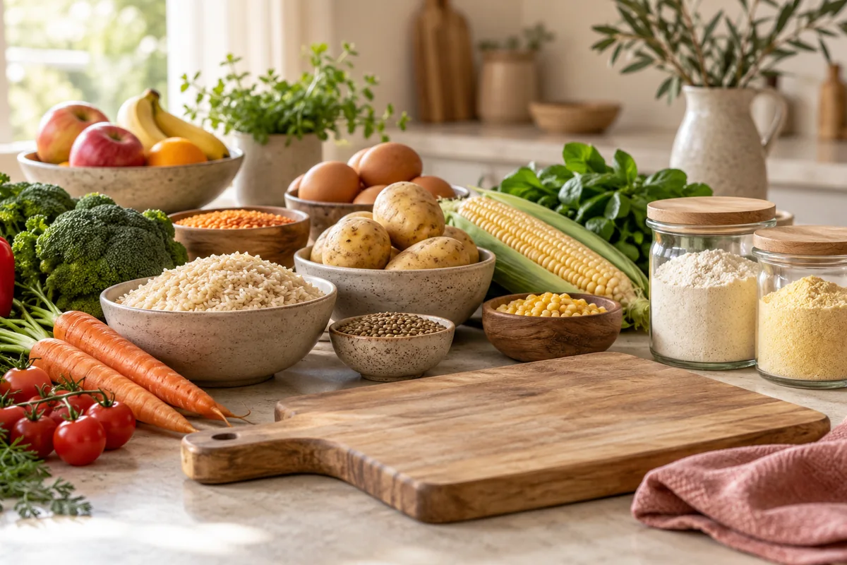 Egyptian plate with rice, grilled chicken and fresh vegetables on a wooden table