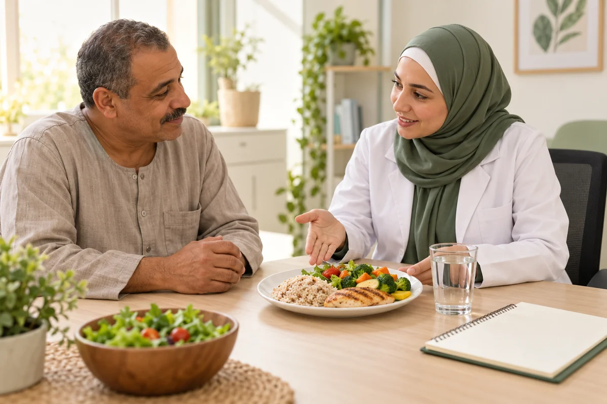 اختصاصية تغذية تناقش خطة الطعام والسوائل الشخصية مع مريض يتلقى الغسيل الكلوي الدموي