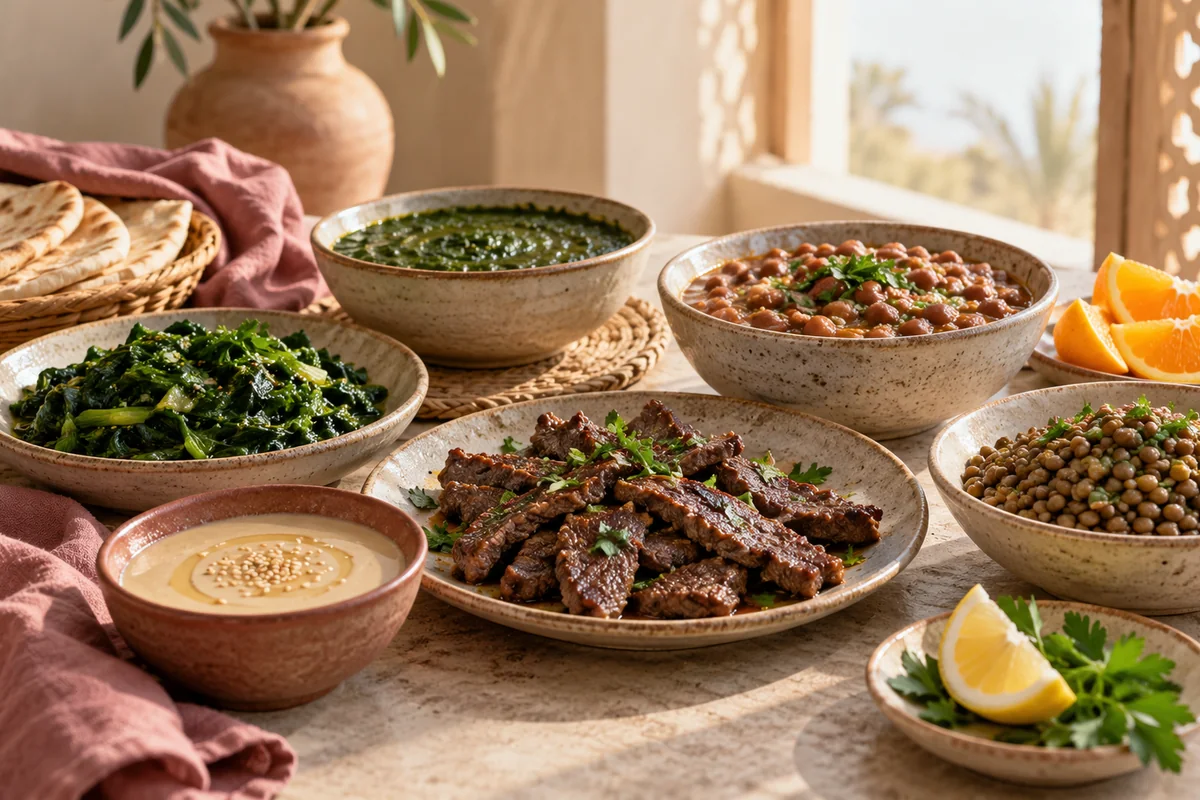 Egyptian plate with grilled liver, lentils and a green salad with lemon