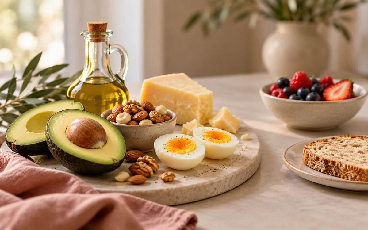 Keto foods like avocado, eggs, cheese and nuts beside fruit and bread