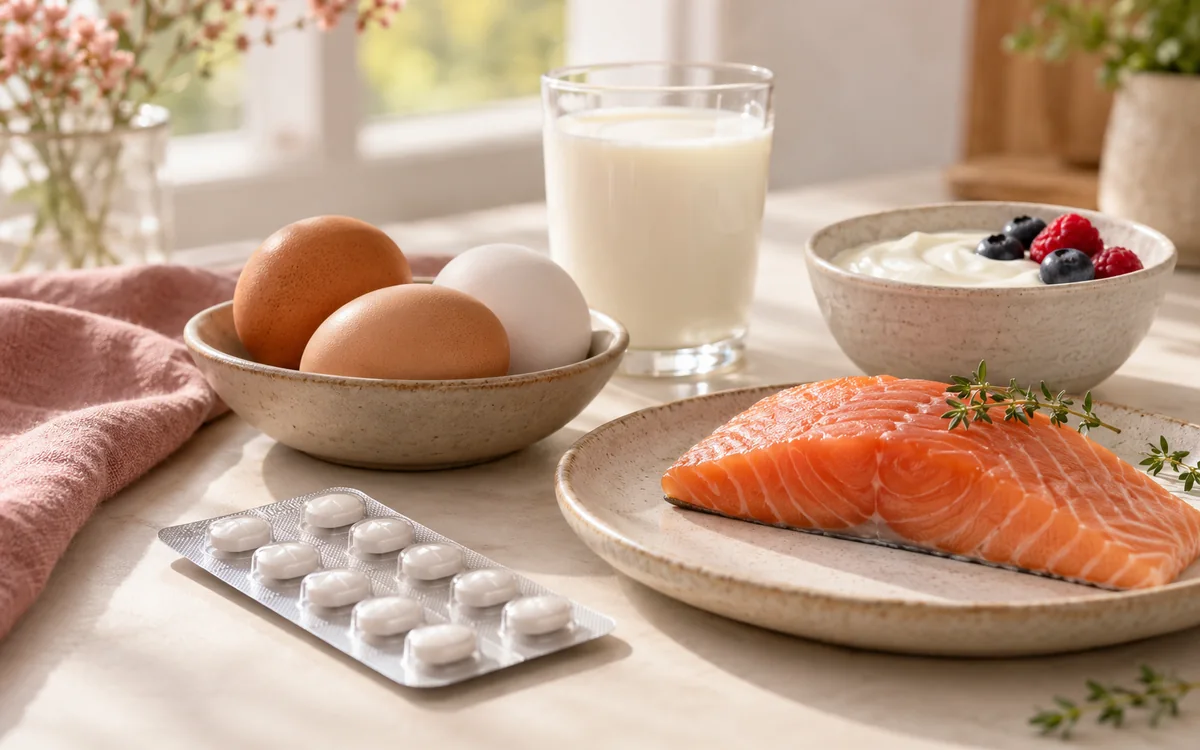 A blister pack of tablets beside eggs, salmon, milk and yogurt