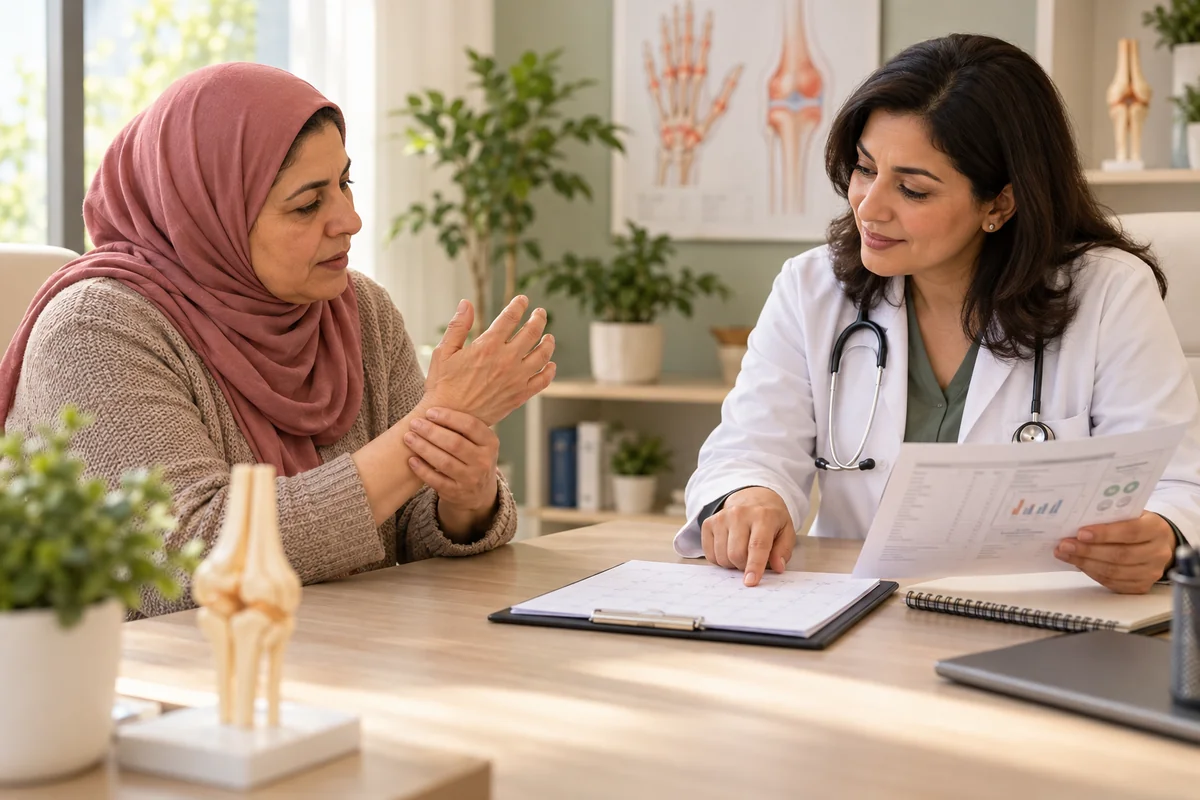 Patient discussing methotrexate monitoring results and a follow-up plan with a physician