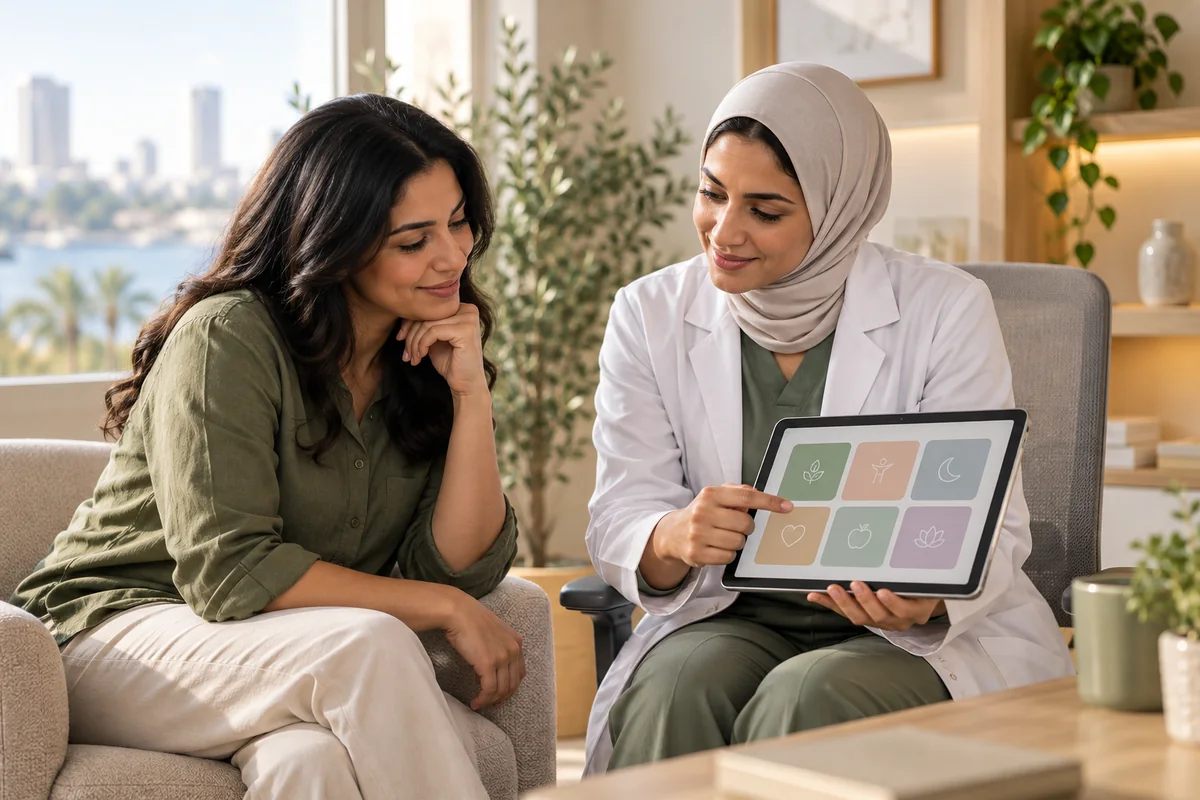 A clinician discussing a Mounjaro follow-up plan with an adult in a calm clinic