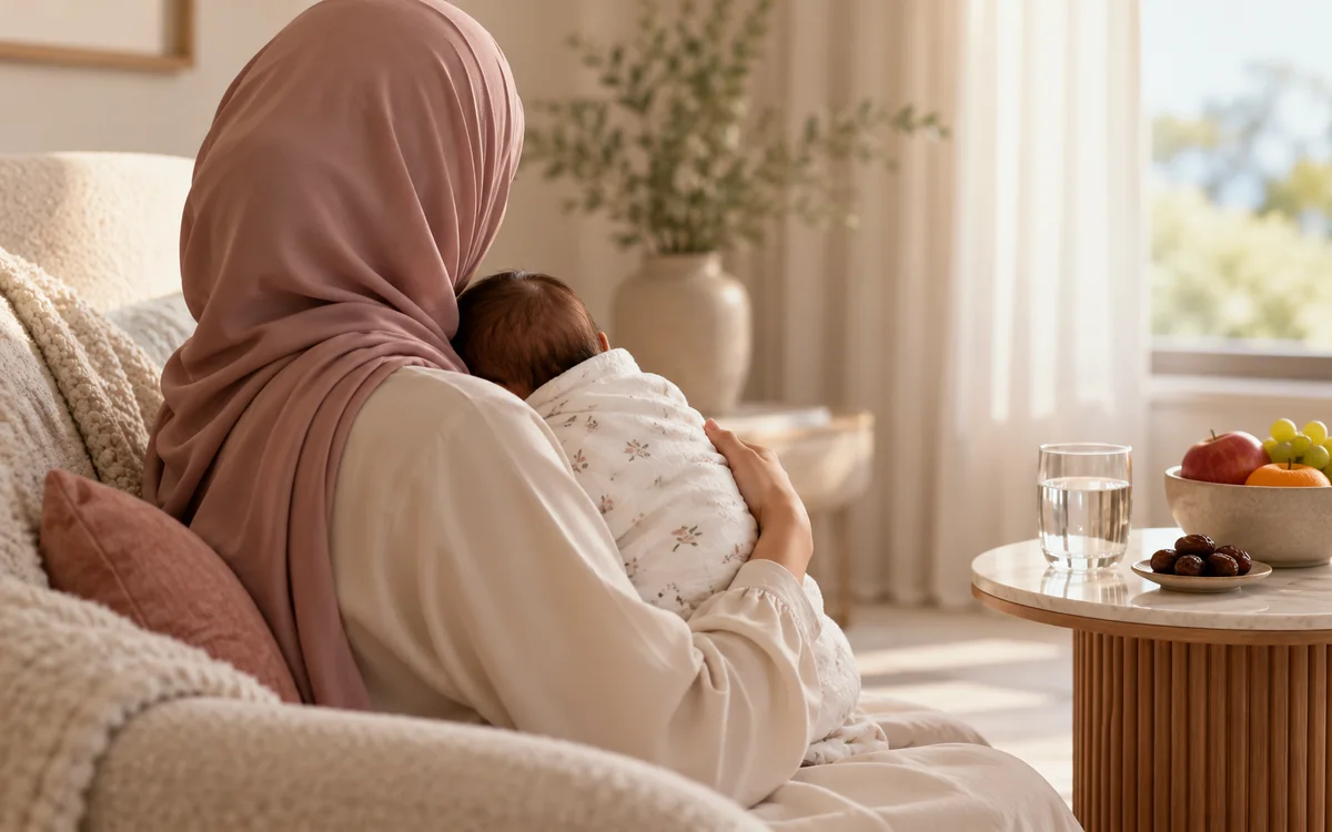 أم شايلة بيبي نايم وجنبها مية وتمر وفاكهة