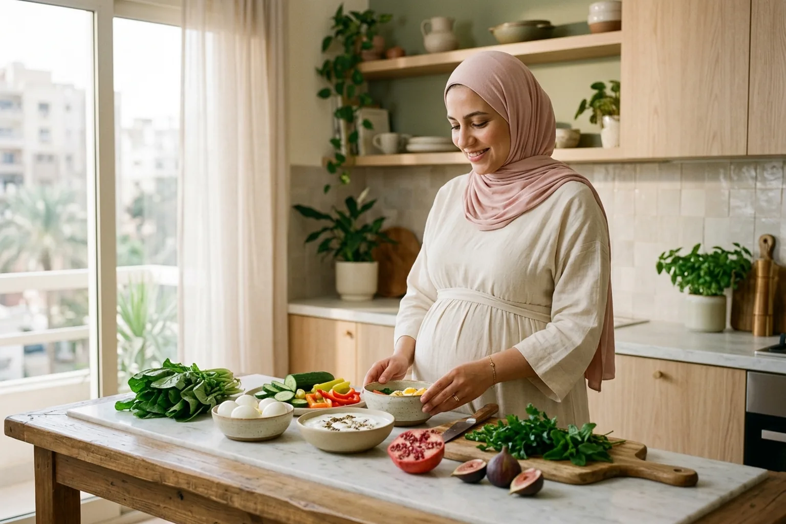 سيدة مصرية حامل في مطبخها تحضّر أطباق بيض وزبادي وخضار ملونة مع سبانخ ورمان وتين