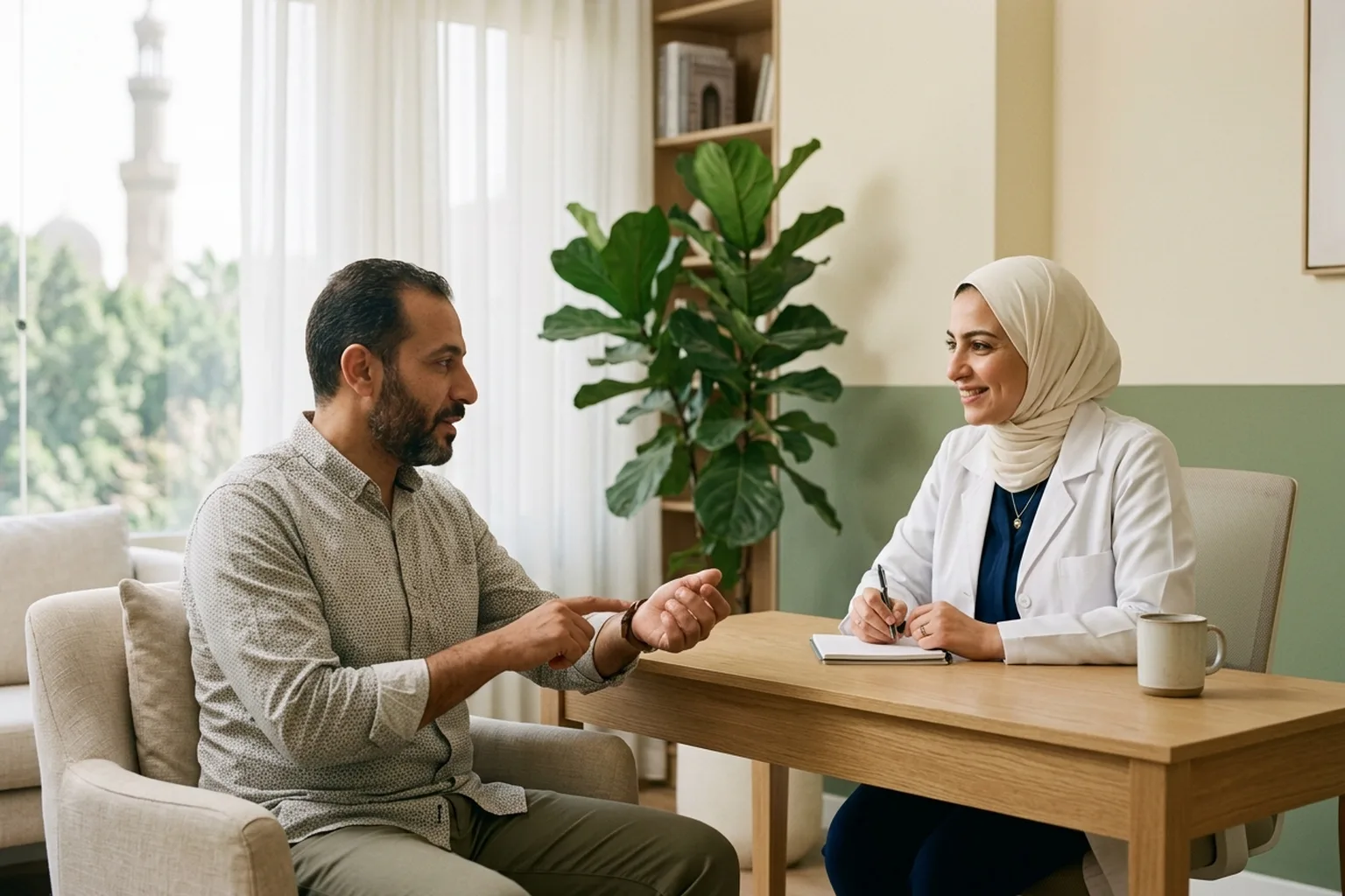 رجل مصري يتكلم مع طبيبة عن ألم وتورم أصابع يده في عيادة هادئة