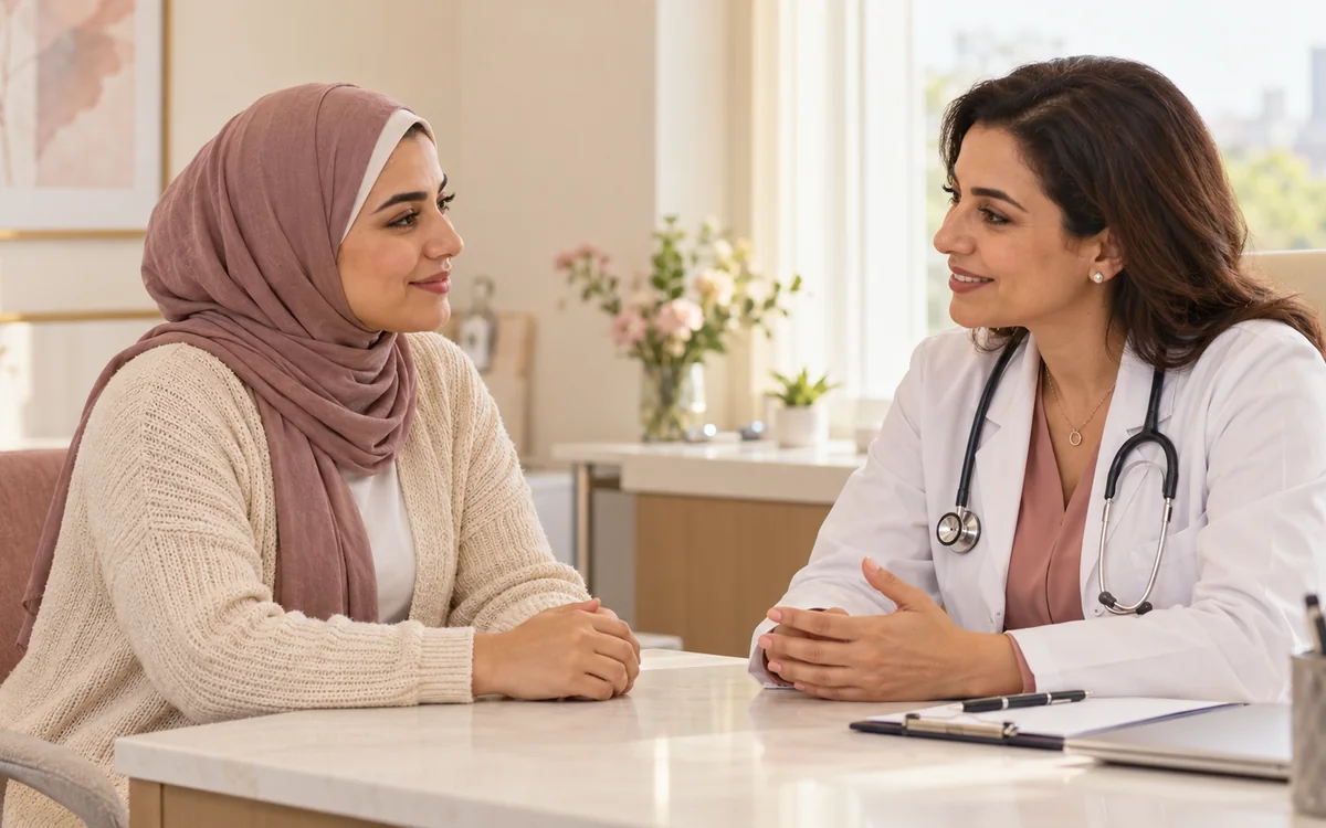 Woman discussing pregnancy planning and rheumatoid arthritis treatment with a clinician