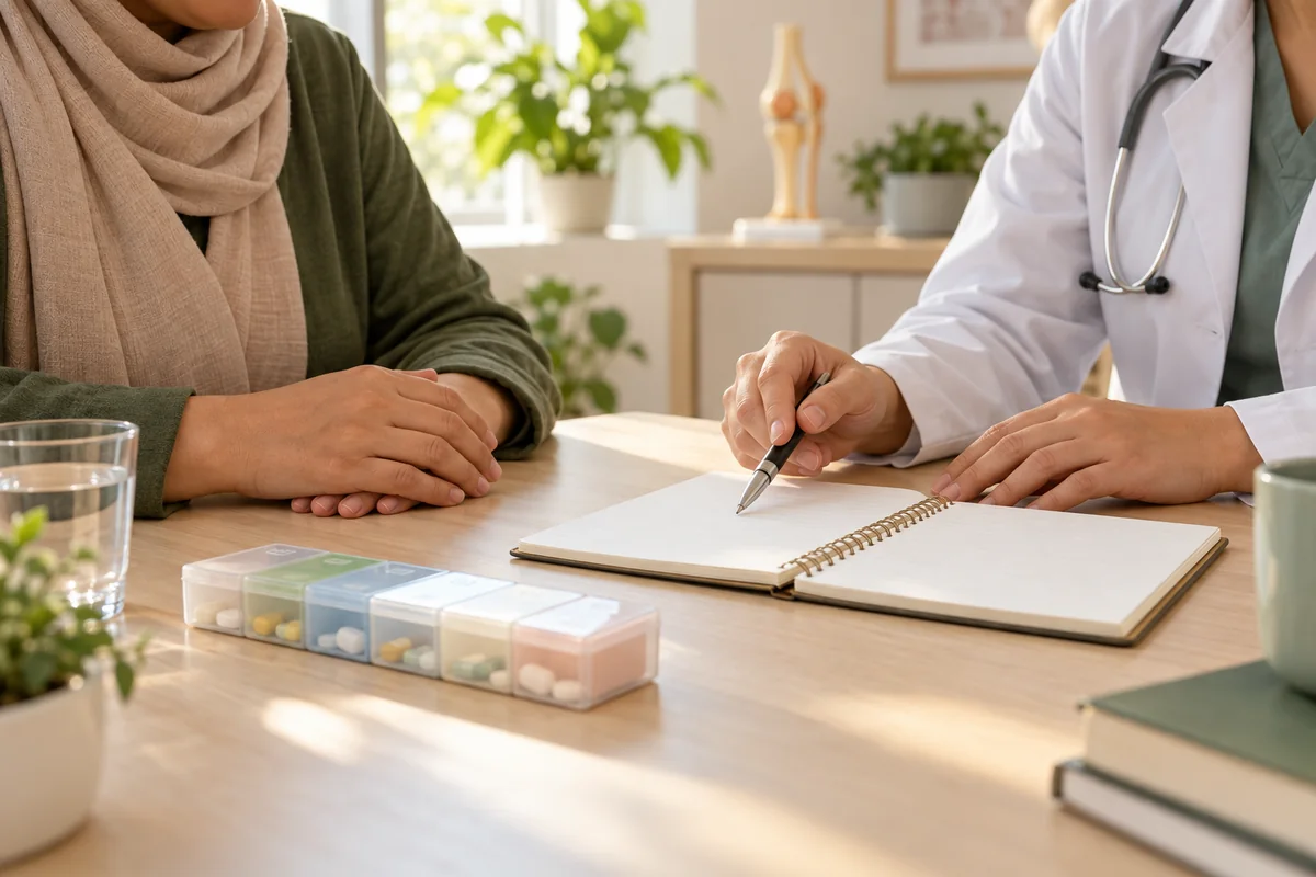 A patient discusses a rheumatoid arthritis treatment plan with a clinician beside a notebook