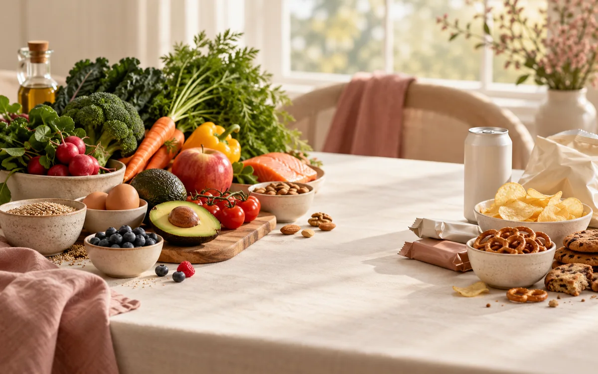 Fresh whole foods on one side and wrapped processed snacks on the other