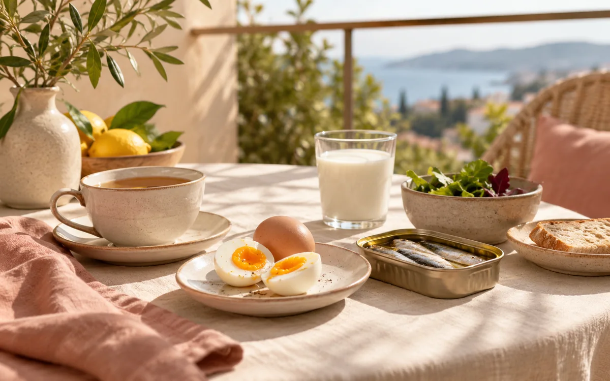 A sunny morning balcony table with tea, eggs, sardines and milk