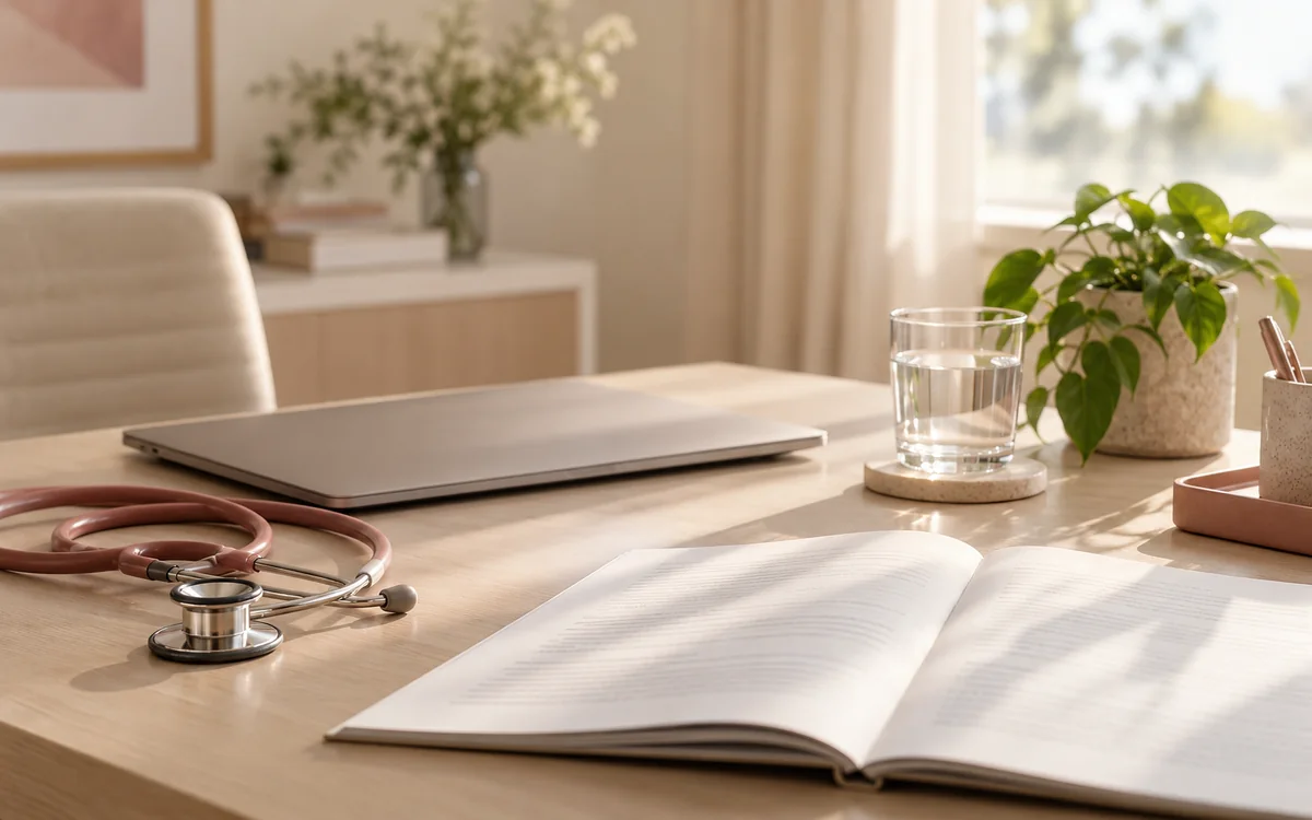 A doctor's desk with a stethoscope, a printed document, a laptop and a plant