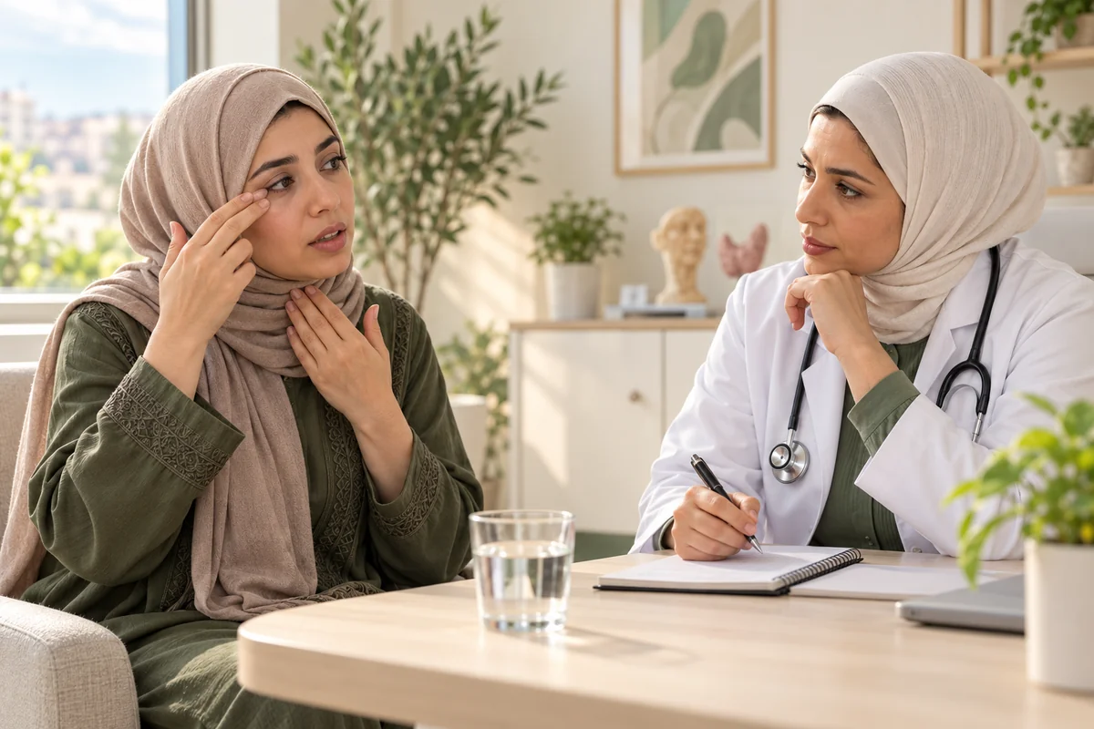 Patient discussing persistent dry eyes and mouth with a rheumatologist