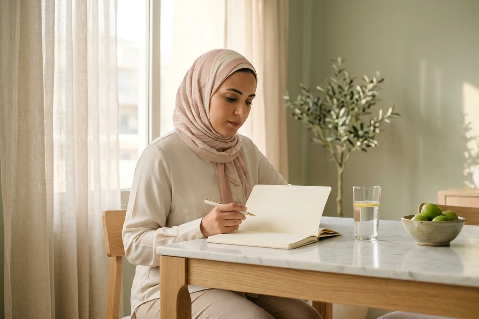 سيدة في زيارة للقاهرة تدوّن ملاحظاتها في دفتر بجوار كوب ماء وطبق فاكهة قبل استشارة تغذية في القاهرة