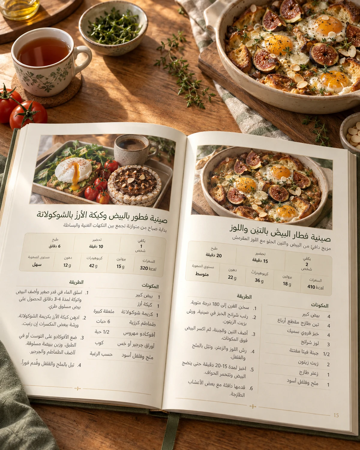 كتاب وصفات لاروز مفتوح على منضدة مطبخ، وصفحتاه فيهما وصفتان بصورهما وسعراتهما