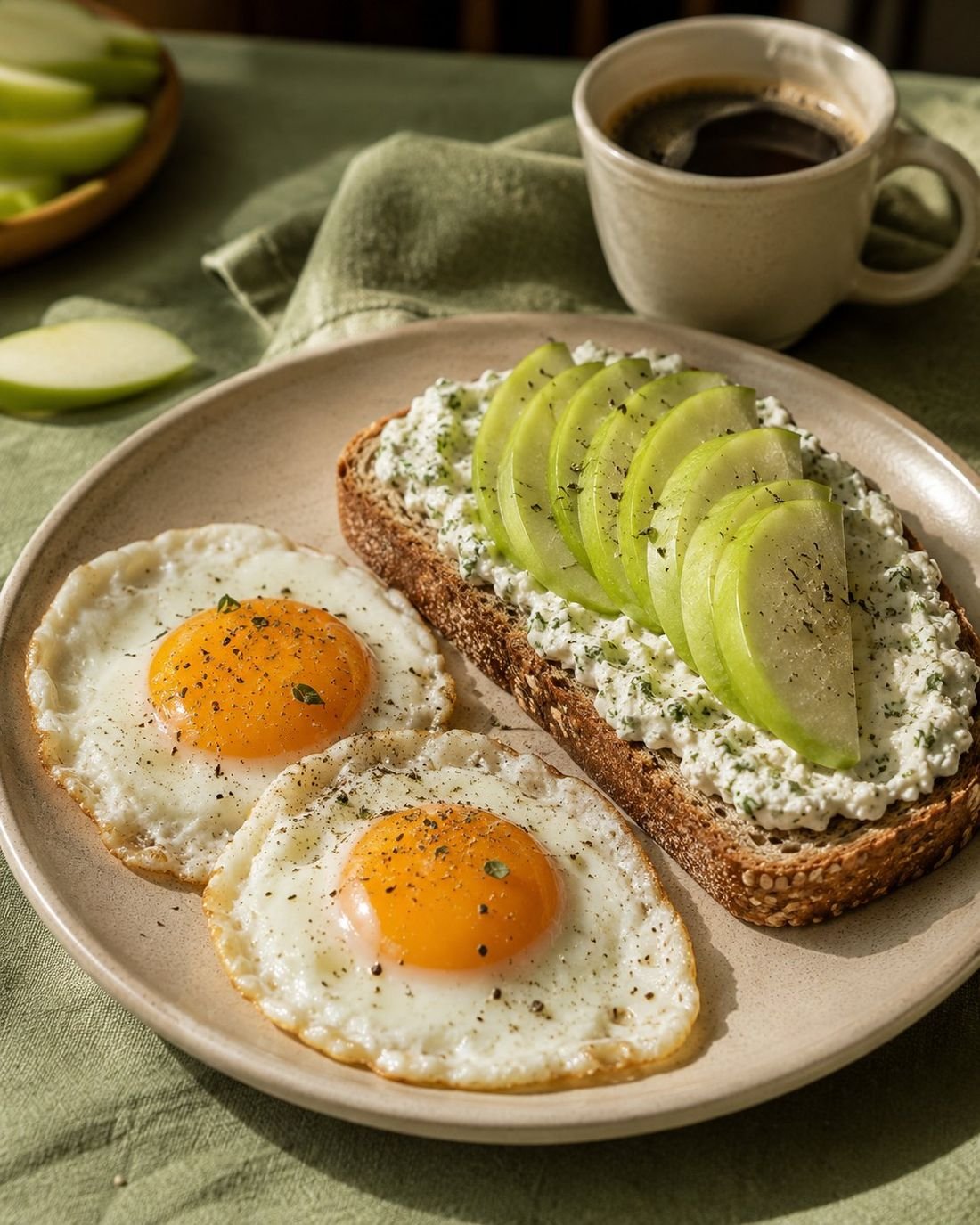 Fried Eggs with Cottage Cheese Toast and Apple