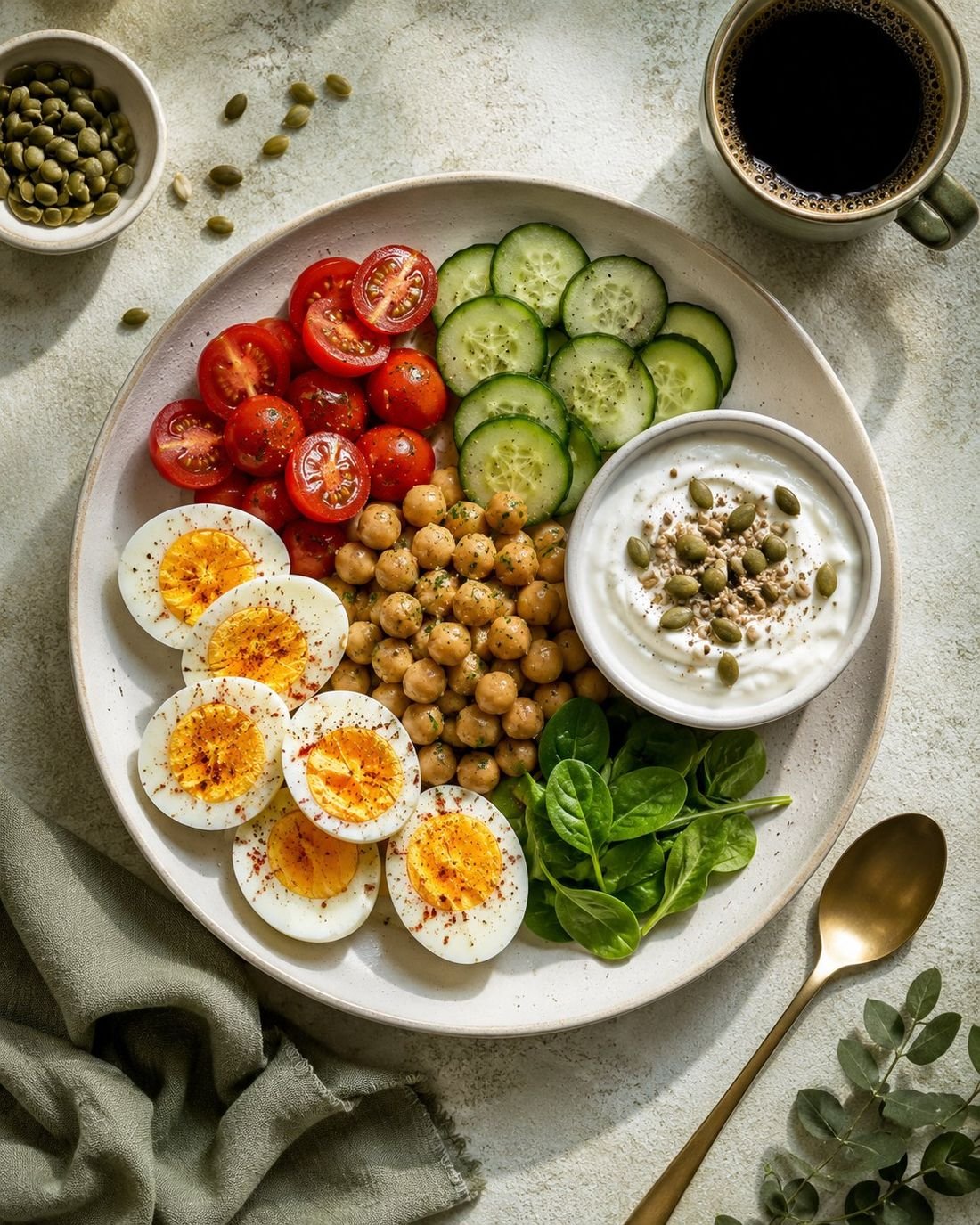 Boiled Egg, Yogurt and Chickpea Breakfast Tray