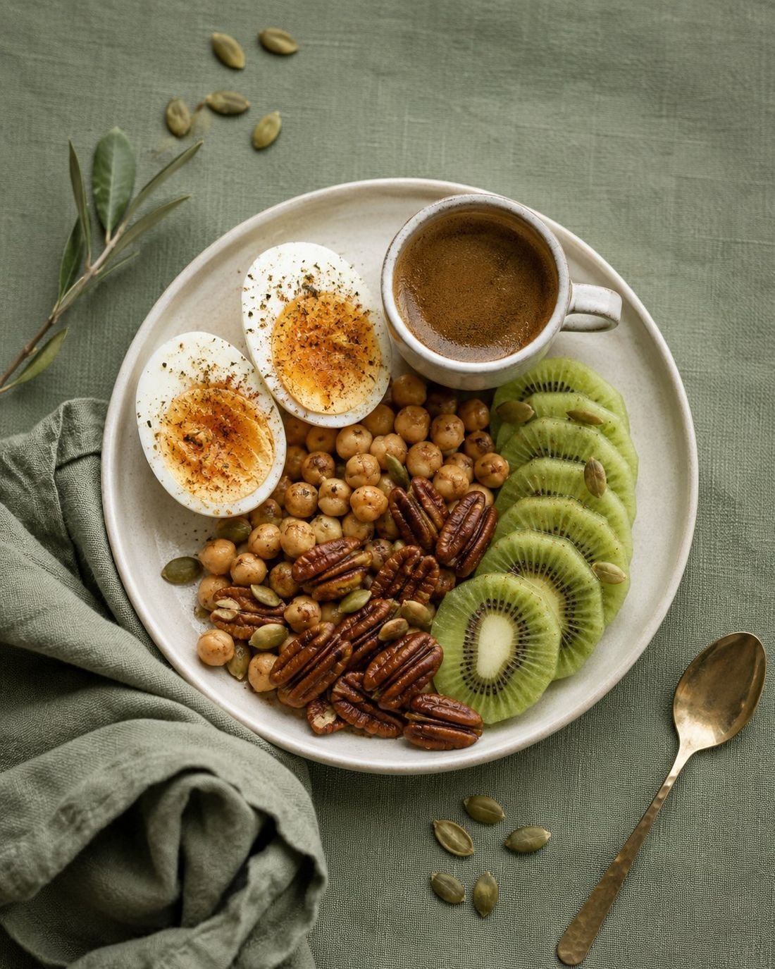 Egg, Chickpea, Pecan and Kiwi Breakfast Tray