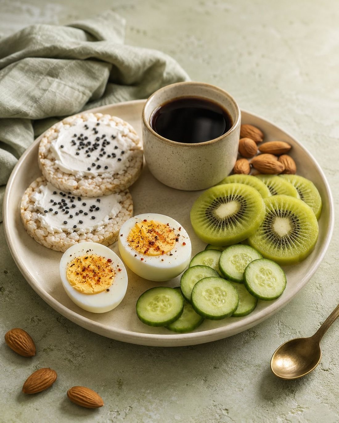 Boiled Egg Tray with Rice Cakes and Kiwi