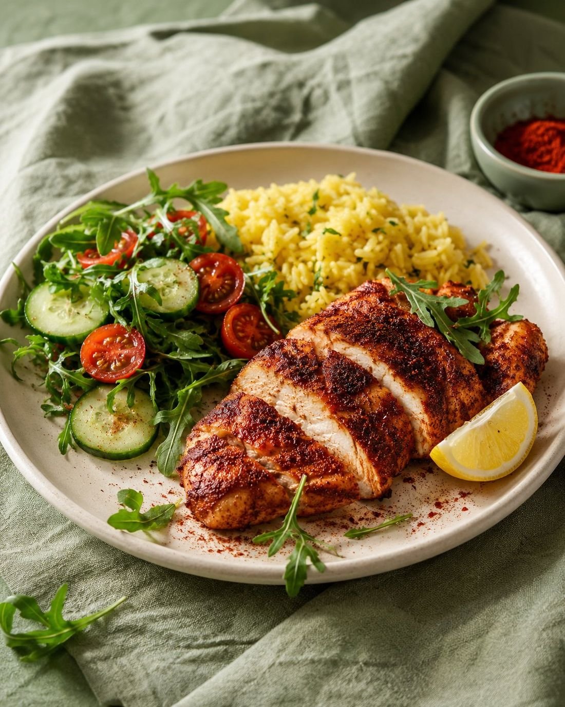 Air-Fryer Spiced Chicken with Rice and Salad