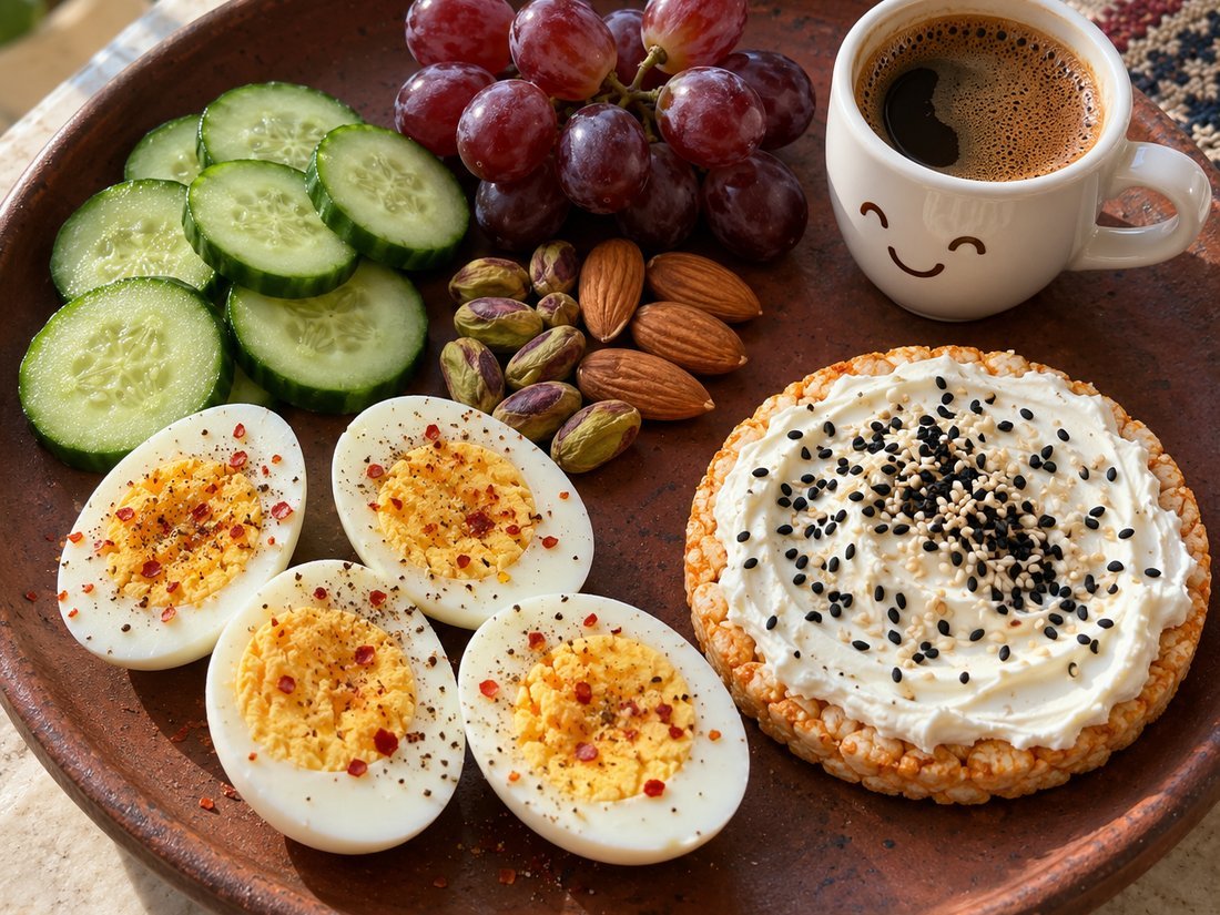 Boiled Egg, Labneh Rice Cake and Grape Breakfast Tray