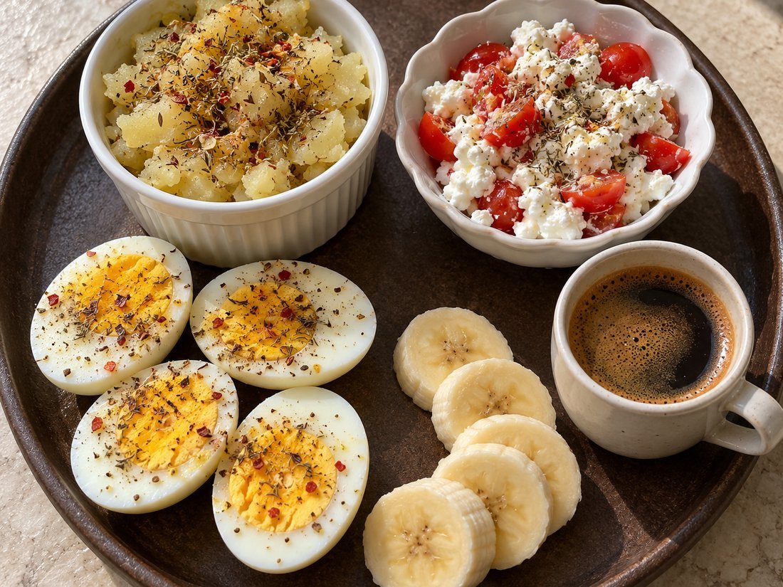 Boiled Egg, Potato and Cottage Cheese Breakfast Tray
