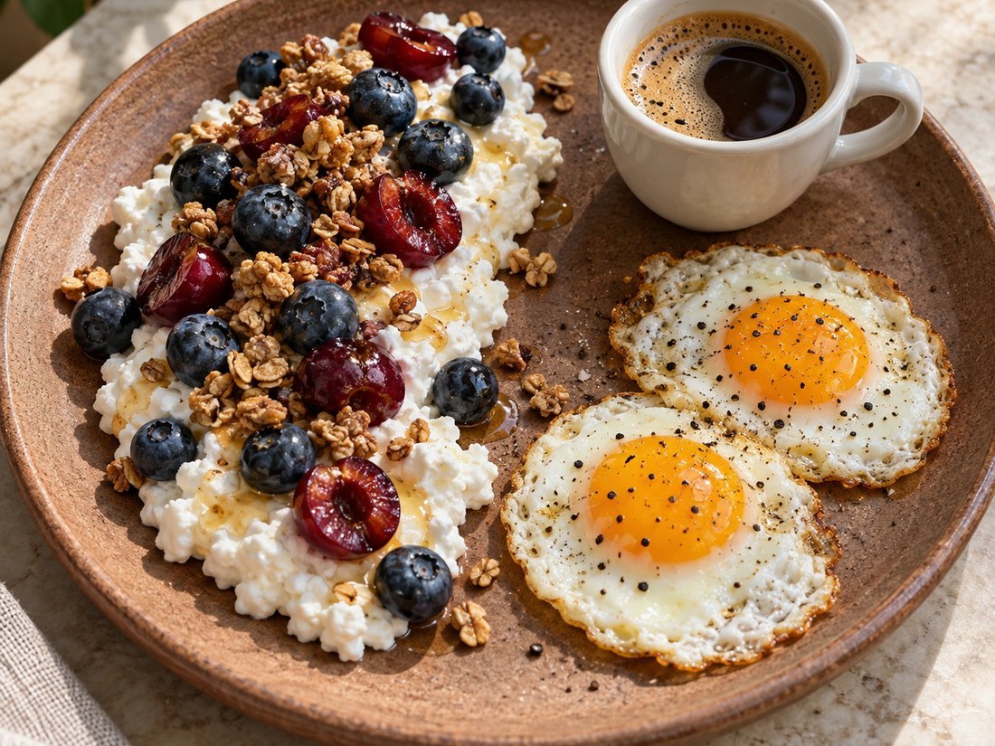 Cottage Cheese, Berry and Granola Breakfast Platter with Eggs
