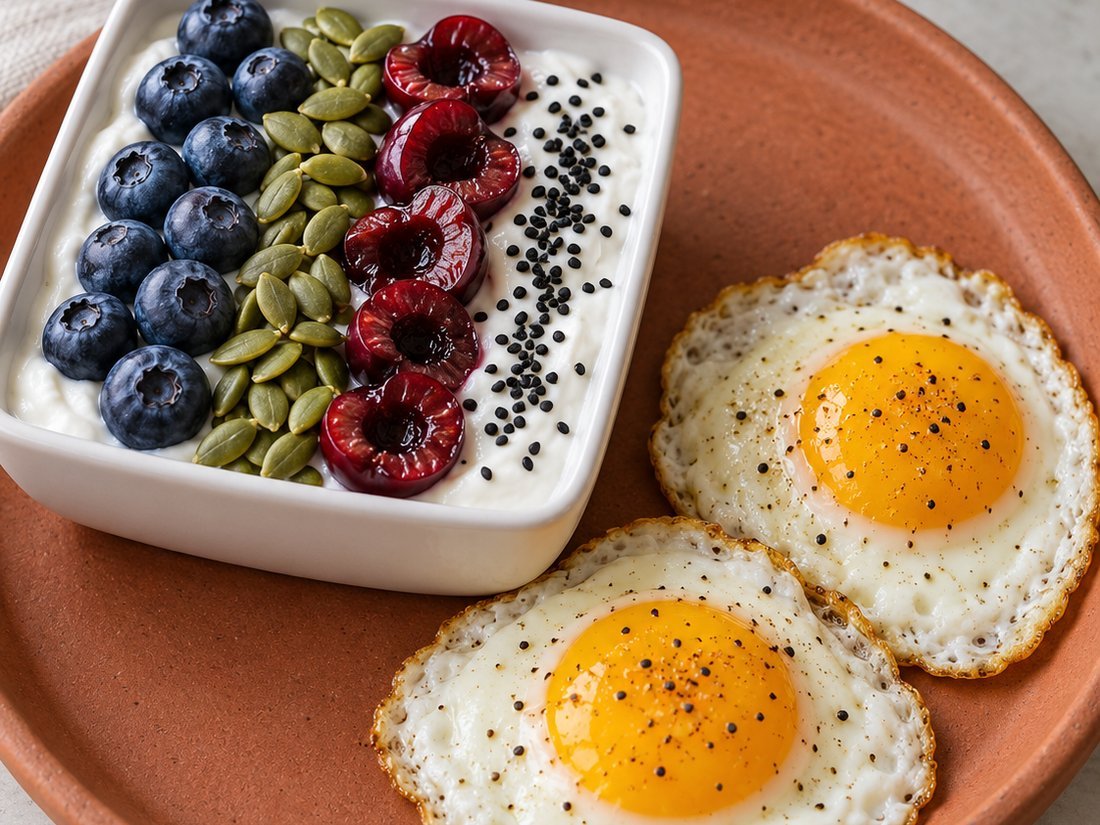 Greek Yogurt Berry Seed Bowl with Fried Eggs