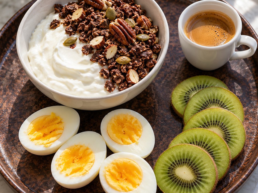 Greek Yogurt, Granola, Kiwi and Egg Breakfast Tray