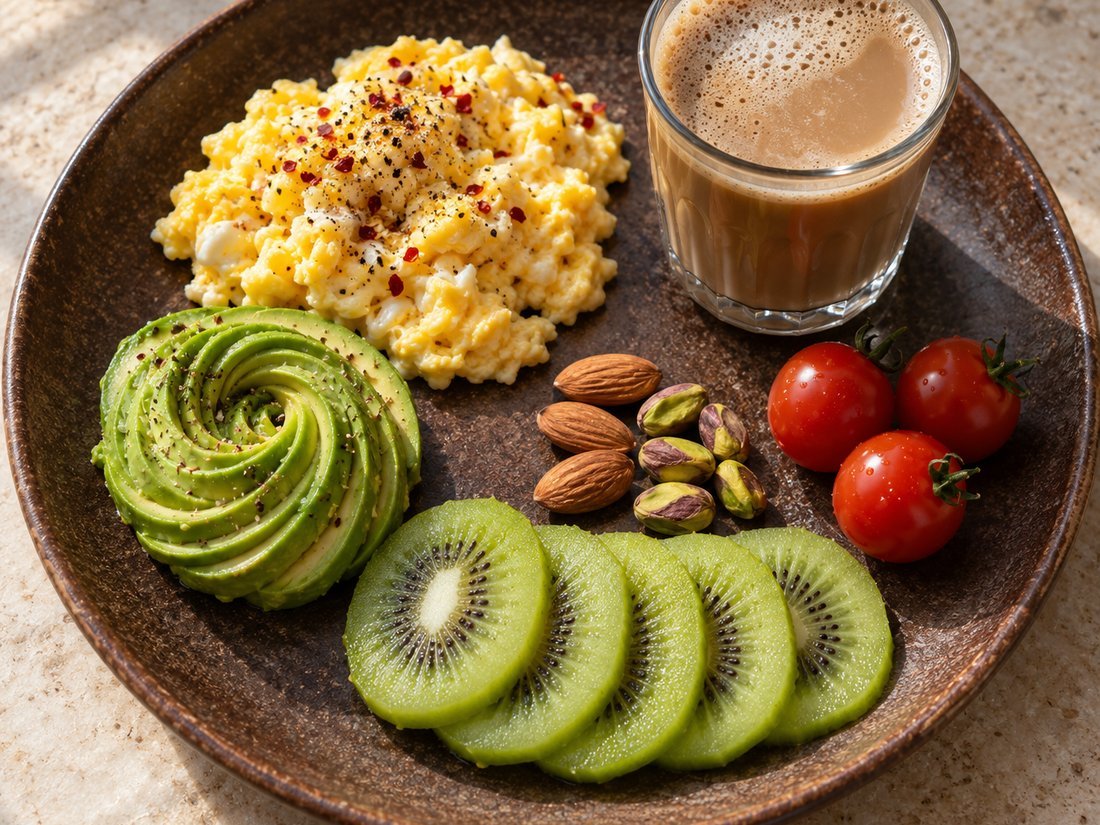 Scrambled Eggs, Avocado and Kiwi Breakfast Platter