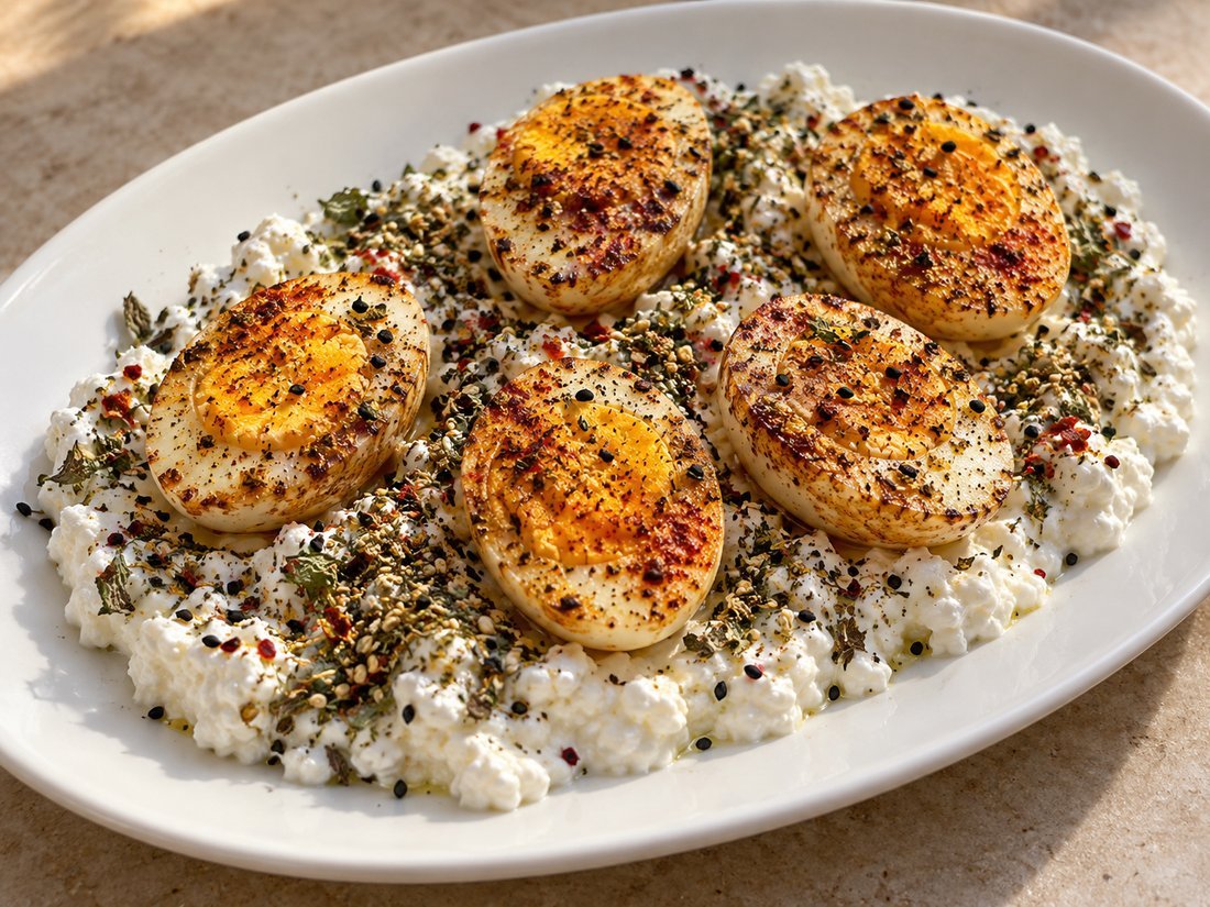 Pan-Seared Boiled Eggs on Herbed Cottage Cheese