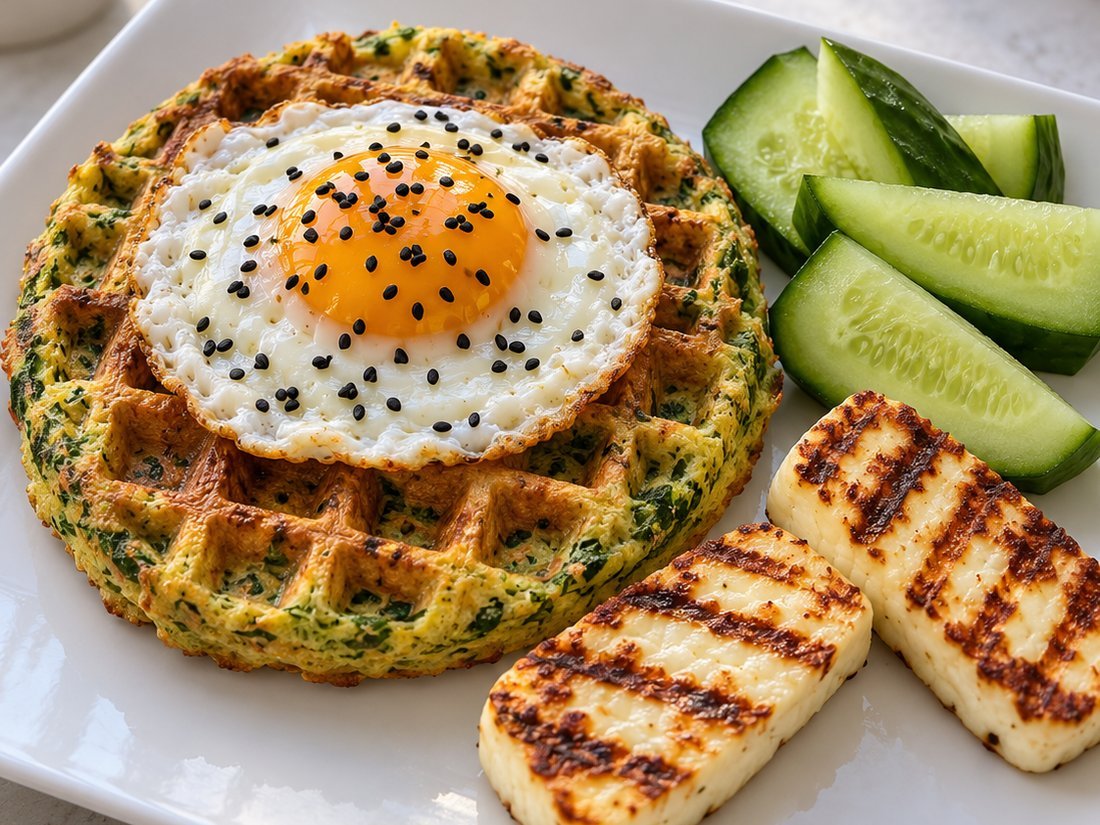 Savoury Egg and Taameya Waffle with Grilled Halloumi
