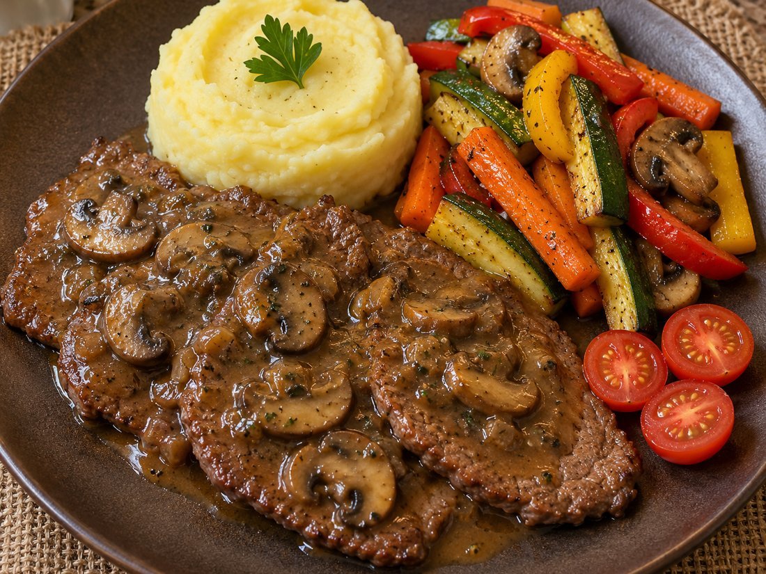 Beef Steak with Mushroom Gravy, Mashed Potatoes and Vegetables
