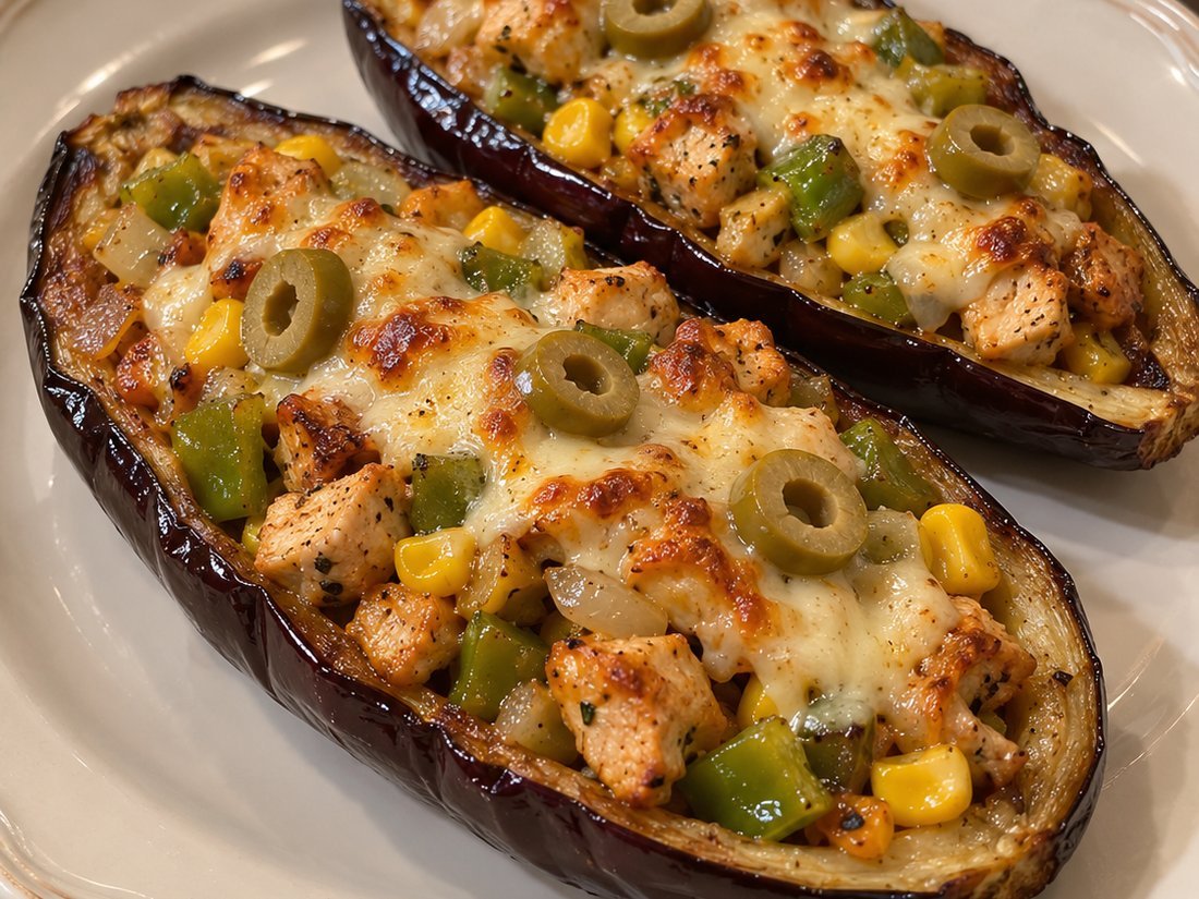 Chicken and Vegetable Stuffed Eggplant Boats